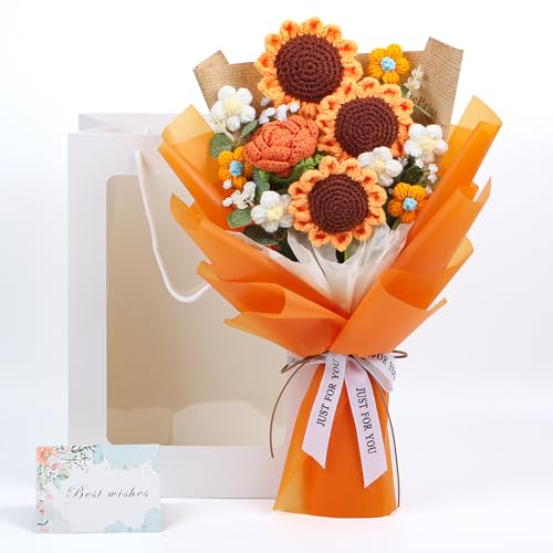 Crochet Flower Bouquet, Handmade Knitted Sunflower Faux Crochet Flowers for Home Decor Valentine’s Day Anniversary Weddings Birthdays Mother’s Day, Includes Gift Bag and Greeting Card (Sunflower) - color: Orange