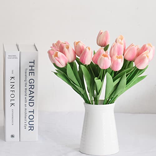 20pcs Artificial Tulips Flowers Fake Faux PU Tulip Bouquet Real Touch Flower Arrangement for Home Room Office Party Wedding Decoration Excellent Gift Idea for Mothers Day (Pink) - color: Pink 20