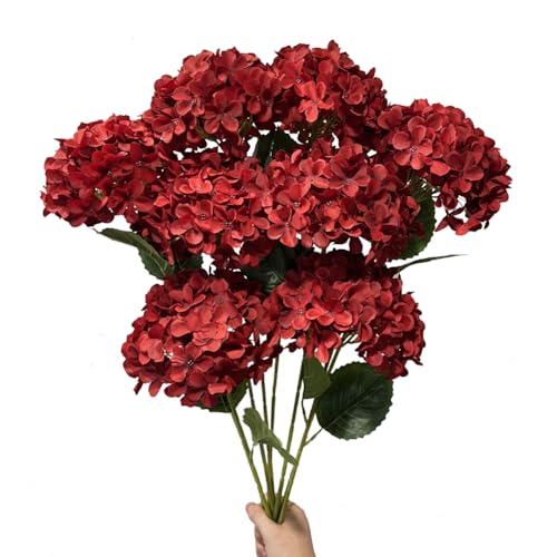 8pcs Red Hydrangea Artificial Flowers 27.58" Large Realistic Single Long Stem Faux Silk Hydrangeas Bouquets Flower Arrangements Home Office Decor Wedding Centerpieces DIY - color: Red