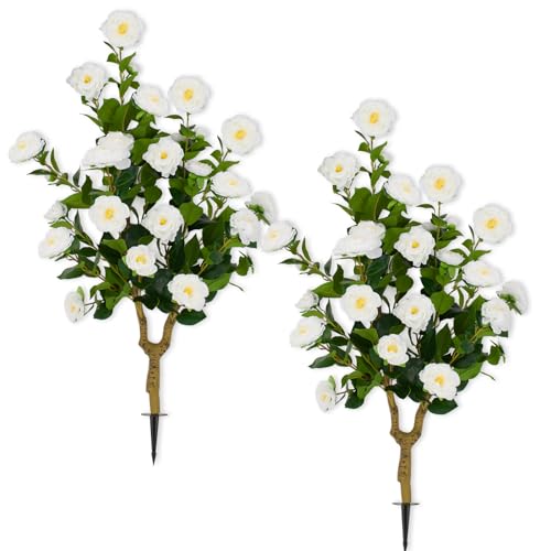 35.5" Artificial Camellia Tree Set of 2, White Faux Flower Tree, UV Resistant Fake Greenery with Ground Spike for Indoor Outdoor Front Door Home Garden Decor - color: Camellia