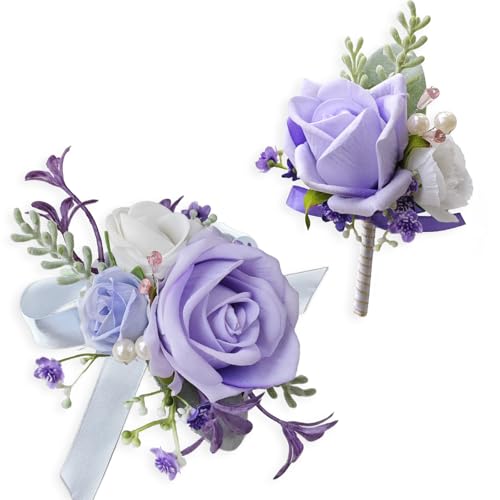 Corsage and Boutonniere Set with Red Roses for Bride, Groom, Bridesmaids Groomsmen Weddings, Proms, Homecomings. Perfect Party Suit Decor Wedding Flowers Accessories (Purple) - color: Purple