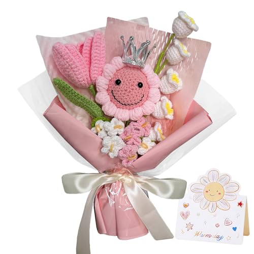 Pink Sunflower Tulips Crochet Flowers Bouquet Handmade Knitted Artificial Flowers Home Decor Graduation Mother's Day Birthday Anniversary Wedding Gift for Wife Lover Teacher Friends with Card - color: Flowers015