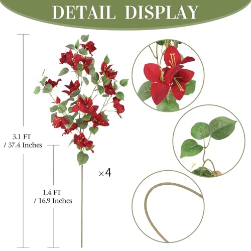 4PCS Red Bougainvillea Artificial Flowers 37.4" Long Stem Flowers Silk Fake Bougainvillea Branches for Wedding Centerpieces Home Garden Outdoor Decoration (Red) - color: Red