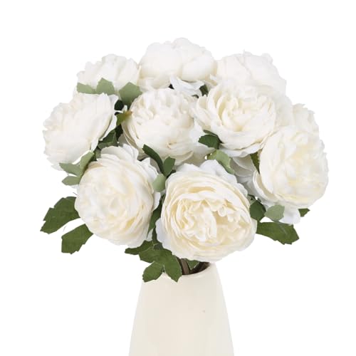 IPOPU 10pcs Ivory Peonies Artificial Flowers Silk Peonies with Stems Real Look Fake Peony for Home Table Decorations Wedding Faux Flowers Arrangements (Ivory) - color: Ivory