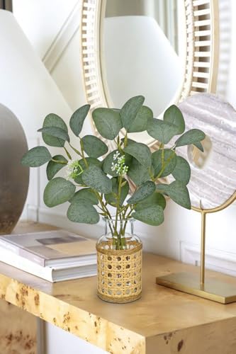 Hollyone Artificial Eucalyptus Stems in Woven Glass Vase with Faux Water, 11.8" Fake Plants Eucalyptus Leaves Branch for Indoor Shelf Desk Home Bathroom Wedding Table Centerpiece Decor - color: Green #3