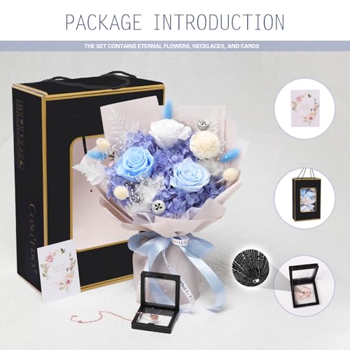Casaido Preserved Flowers for Delivery, Mothers Day Blue Flower Bouquets with Necklace, Forever Real Roses Anniversary Birthday Valentines Day Christmas Rose Gifts for Women Mom Wife Girlfriend - color: Blue