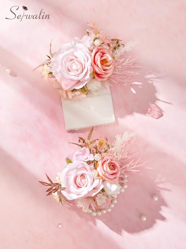 Serwalin 2Pcs Corsage and Boutonniere Set,Pink Rose Corsage Wristlet and Pocket Boutonniere for Prom Wedding Homecoming Anniversary Graduation - color: Pink