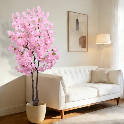 BINCUE Artificial Pink Cherry Blossom Tree Fake Tree Cherry Blossom Decor Fake Flowers Faux Flowering Tree Pink Flowers Floral Artificial Plants for Indoors Outdoors Room Home Decor Gift 6FT - color: Pink-05ap