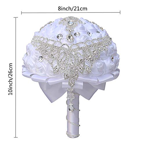 Handmade Luxury Wedding Bridal Bouquet Large Silk Rose Holding Toss Artificial Flowers Bouquets with Satin Ribbon Pearls Rhinestone for Bride Vintage Royal Wedding Bouquet (White) - color: White