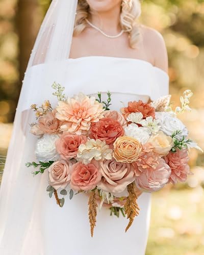 FACINOC Roses Artificial Flowers Orange Fake Flower with Stems for DIY Wedding Bouquets Bridal Baby Shower Centerpiece Table Decorations Silk Faux Floral Arrangements for Party Home Decor Indoor Peach - color: Orange Peach Flowers
