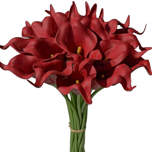 Mandy's 20pcs Burgundy Calla Lily Artificial Flowers | 13.5 Inch PU Realistic Bouquet for Vase Elegant Home Decor Centerpiece Wedding Bridal Bouquet Table Decoration - color: Burgundy