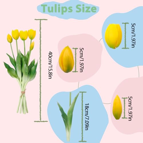 15 Pcs Yellow Artificial Tulips Fake Flowers, Premium Latex Lifelike Texture, UV Resistant Waterproof Faux Tulip Bouquets with Snap-on Petals for Outdoor, Home, Wedding Decor - color: Yellow