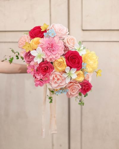 FACINOC Roses Artificial Flowers Pink Yellow Fake Flower Bulk for Easter Spring Wreath DIY Wedding Bouquet Bridal Baby Shower Party Table Centerpiece Home Decorations Silk Floral Arrangements Fuchsia - color: Fuchsia Pink, Yellow