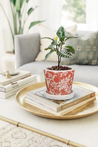 Set of 2 Ceramic Pink Orange Plant Pots with Drainage Hole and Saucers, Vintage Farmhouse Accent Planters for Indoor Plants, Round Flower Pots Rustic Succulent Pot Terracotta Tubs 5.7/4.7 Inch - color: Terracotta White