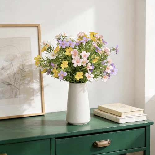 Artificial Gypsophila Baby's Breath Flowers in 6 Inch White Ceramic Vase with Faux Cosmos Arrangement, Farmhouse Table Centerpiece for Home Office Desk Décor, Mixed Color (White Pink Purple Yellow) - color: Mixed