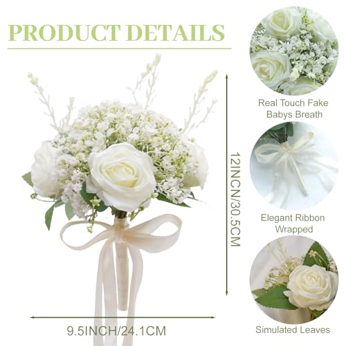Artificial Bridesmaid Bouquets Set of 6 - Ivory White 9 Inch Various Flower Bouquet for Wedding Party Ceremony Dinning Table Centerpieces Decor Faux (Rose & Babys Breath & Ribbon) - color: Rose