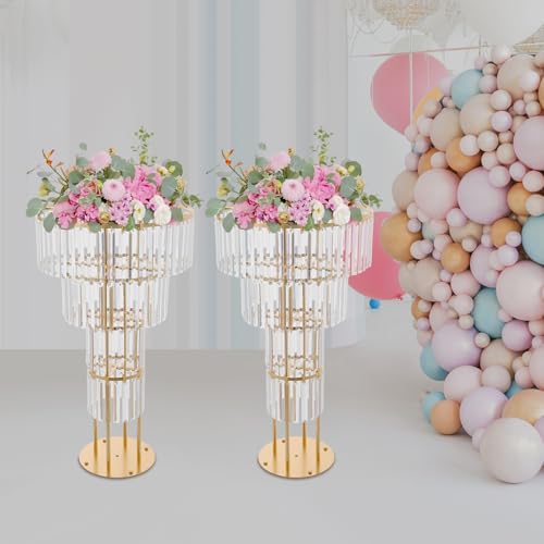 2Pcs 4 Tiers Wedding Centerpieces Vase, 35.43" Tall Wedding Centerpieces Crystal Flower Stand, 5-Tier Crystal Vase with 11" Round Base for Party Event Home Decoration (Gold) - color: 4 Tiers+ Gold+ Round Base