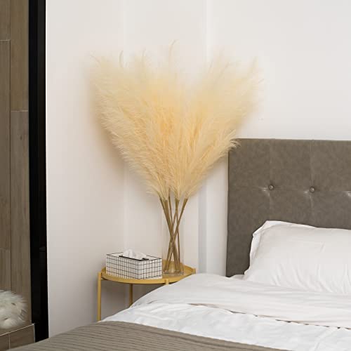 Faux Pampas Grass 6 Stems, Artificial Pampas Grass - 43 inch Total Extra Large Pompass Grass Tall Pompous Boho Flower Arrangement and Floor Vase Filler Home Decor for Room Wedding Party - color: Beige