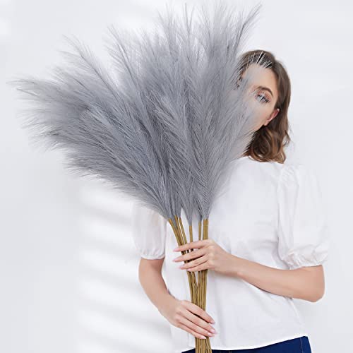 Faux Pampas Grass, Set of 9 Stems 37'' Tall Fluffy Fake Pompas Floral, Large Artificial Pompous Branches for Floor Vase Fillers, Pompas Decorativas, Boho Farmhouse Wedding Home Decor(Grey) - color: Grey