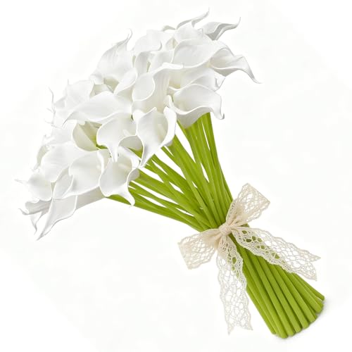 Calla Lily Bridal Wedding Festival Decor Bouquet Real Touch Latex Flower Bouquet Pack of 20 (White) - color: Pure White