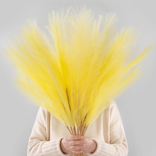 12 PCS Light Yellow Faux Pampas Grass 38"/3.1ft Tall Artificial Pompous Grass Large Fake Pompas Branches Plants Floor Vase Filler for Flower Arrangement Home Decor - color: Light Yellow
