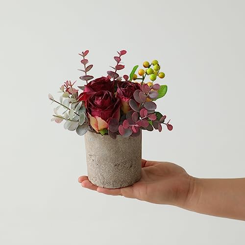Small Artificial Burnt Burgundy Rose Potted Plant, 6" Fake Silk Flowers in 3" Cylindrical Pot, Mini Faux Floral Arrangement for Desk Shelf Bathroom Decor - color: Burnt Burgundy