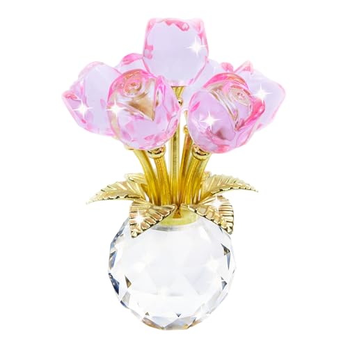 TWINKLING Crystal Roses Figurine with Round Vase, Glass Rose Crystal Flowers Bouquet, Birthday, Anniversary, Wedding, Home Decor, Gold Leaf (Pink) - color: Pink(gold Leaf)