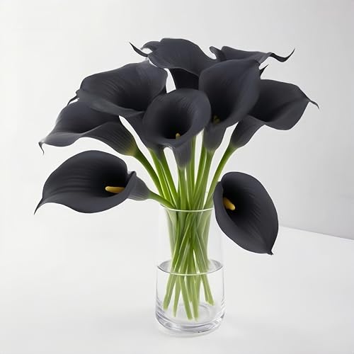 Realistic Calla Lily Artificial Flowers - 13.5" Latex Real Touch Faux Lilies for Wedding Bouquets, UV Resistant Outdoor Decor & Home Centerpieces (6, Black) - color: Black