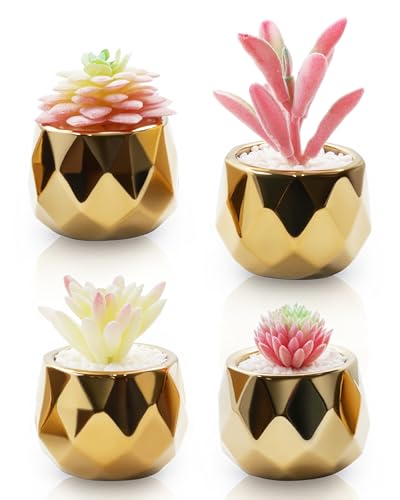 VIVERIE Mini Succulents Plants Artificial in Pots-Pink with Golden Ceramic, Christmas Small Fake Succulents Plants for Home Decor Indoor for Women, Set of 4, Gifts for Mom - color: Golden-4 Pack