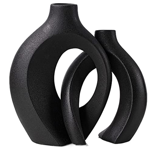Levvohd Black Hollow Ceramic Vase Set of 2, Snuggle Round Boho Donut Modern Vase Nordic Minimalist Decorative Vase for Modern Trendy Home Table Centerpiece Decor (W 6.3" X H 8") - color: Black - Round Large