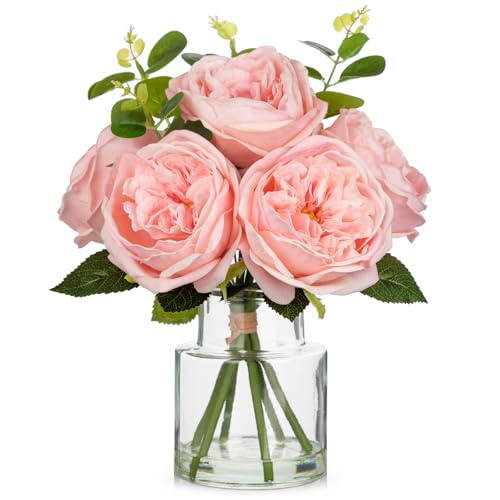 Hollyone Real Touch Peonies Artificial Flowers Arrangements in Vase Pink Fake Peonies with Glass Vase Silk David Austin Roses Faux Flowers with Faux Water Bouquet Table Floral Centerpiece Home Decor - color: Pink