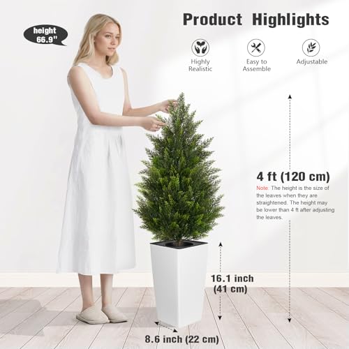 4FT Tall Artificial Cedar Topiary Tree with Compact Pyramidal Shape, Realistic Faux Cypress in Square White Pot with Fillable Water Bag, Outdoor Evergreen for Front Porch Garden Home Decor - color: White-pyramid Topiary, size: 4ft-1pack