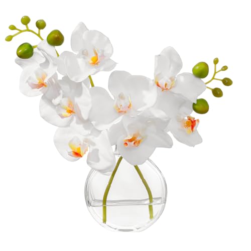 White Textured Coated Silk Artificial Orchid Flowers with Clear Glass Vase and Faux Water, 11" Faux Phalaenopsis Orchid Arrangement Centerpiece for Dining Table Bathroom Decor - color: A-white