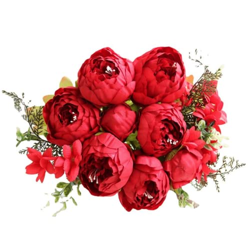 Corkwaw 10 Heads Peonies Artificial Flowers, 17-1/2" Long Vintage Silk Fake Peony Bouquet for Home Garden Decoration Office Verandah Wedding Decorations (red) - color: Red