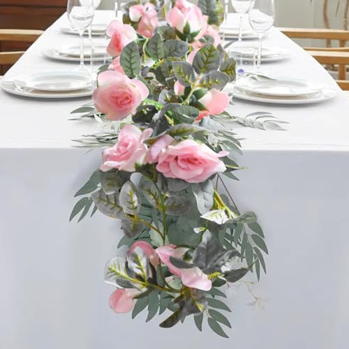 Flower Garland Rose Vine 4Pcs 28FT Artificial Floral Garland with Green Leaves Hanging Rose Vine for Wedding Party Garden Home Wall Decor (Light Pink) - color: Light Pink