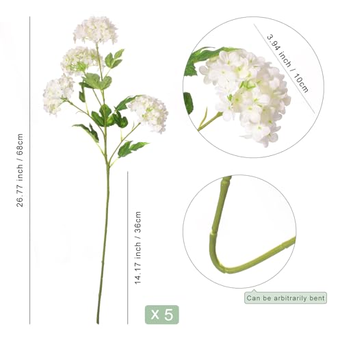White Hydrangea Artificial Flowers, 5Pcs 26.8" Faux Hydrangea Bouquet with 4 Head, Silk Fake Flowers with Stems for Vase, Wedding Bouquet, Home Decor, DIY, Baby Shower, Centerpieces Tables Decoration - color: White