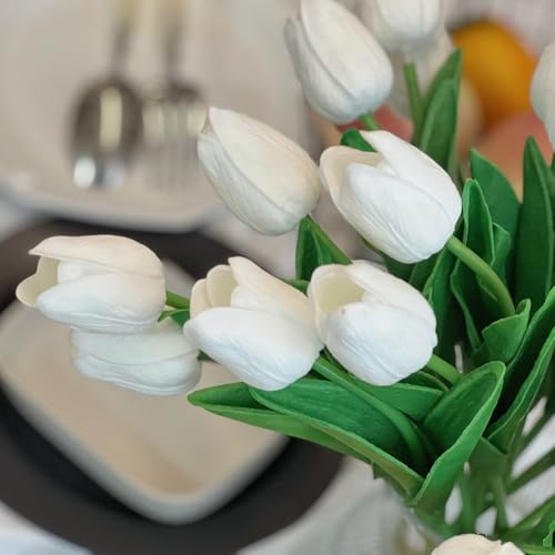 20PCS Artificial Tulip Flowers - 13.5" Real Touch Fake PU Tulips Bouquet Faux Spring Flowers (White) - color: White