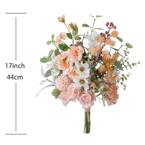 17-inch Artificial Fake Faux Flowers Silk Flower Arrangements Bouquets with Red Berries, Cosmos, Snow Cherry, Chinese Rose, Dandelions, Baby's Breaths, Eucalyptus, Peony, Roses - color: Peach Reverie