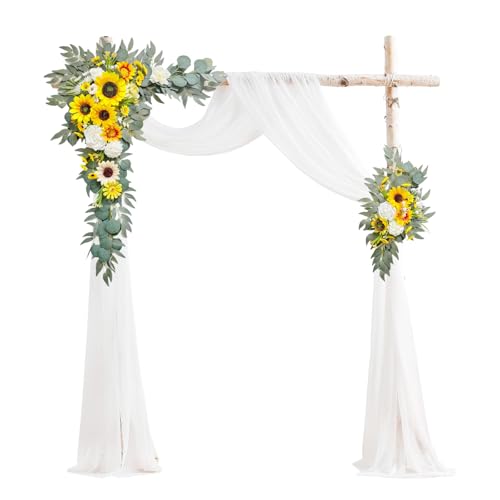 Odouzy Wedding Arch Flowers Kit,Artificial Flower Arch Decor (Set of 3),2pcs Artificial Flower Arrangement with 1pc Sheer Drape for Wedding Decor Reception Backdrop (Autumn Orange&Sunflower) - color: Autumn Orange&sunflower