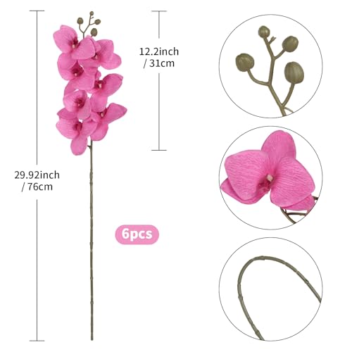 6 Pcs Hot Pink Orchids Artificial Flowers Velvet Silk Faux Phalaenopsis Orchid Stems 30" Long Branch Fake Orchids That Look Real for Tall Vase Wedding Party Centerpieces Home Decor (Hot Pink) - color: Hot Pink