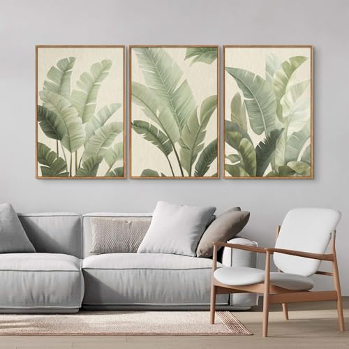 Rantodecor Sage Green Framed Canvas Wall Art, Minimalist Tropical Leaf Wall Decor, Boho Beige Nature Leaf Art Paintings, Bohemian Triple Panel Plant Artwork for Bedroom Living Room Office 24"x36"x3 - color: Sage Green Leaf, size: 36"x24"