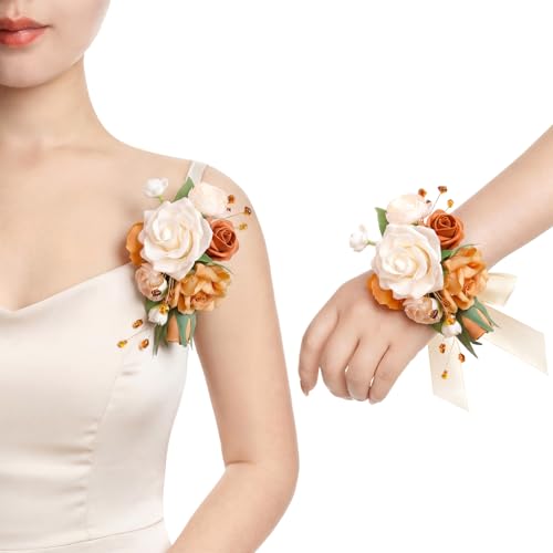 Ling's moment 2pcs Prom Wrist/Shoulder Corsage Artificial Flower, Girl/Mother Homecoming/Wedding Corsage Wristlet Décor, etc. Fall Terracotta Cream - color: Or-fall Terracotta & Cream