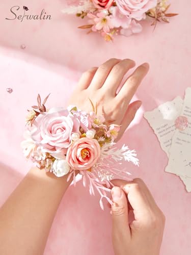 Serwalin 2Pcs Corsage and Boutonniere Set,Pink Rose Corsage Wristlet and Pocket Boutonniere for Prom Wedding Homecoming Anniversary Graduation - color: Pink
