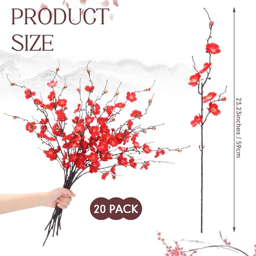 Suncalla 20 Pcs Artificial Plum Blossom Faux Flowers Silk Simulation Bouquet Flower Chinese Japanese Cherry Blossom Hibachi Party Decoration for Home Kitchen Hotel Office Wedding Party (Red,Classic) - color: Red, size: Classic