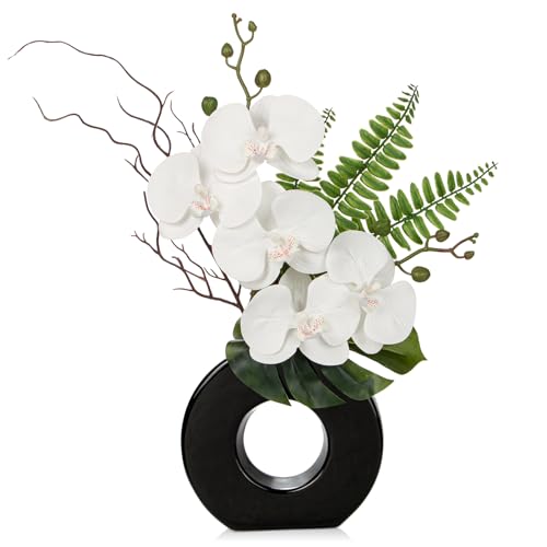 Briful Orchid Fake Flowers 16.1'' White Artificial Orchid Silk Flowers in Black Pot Faux Orchid Arrangement for Home Office Desk Modern Decoration - color: White#1