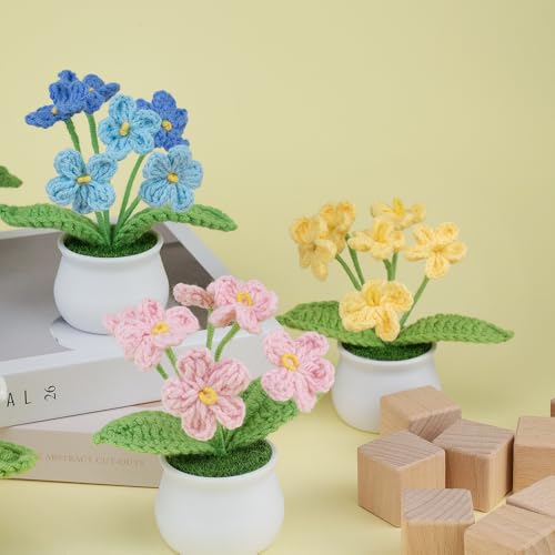 Blync Knitting Crochet Flowers Potted Plants, Fake Forget Me Not Flowers for Friends, Family and Lover, Artificial Handmade Flowers for Valentines Birthday Wedding Gift and Home Decor (Gblue) - color: Gblue