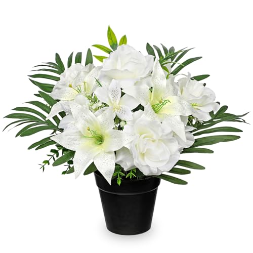 Hollyone Artificial Cemetery Flower for Graves, White Faux Lily Rose Flowers in Pot Silk Cemetery Memorial Flowers for Outdoors Gravesites Headstones Home Decoration - color: White-rose Lily
