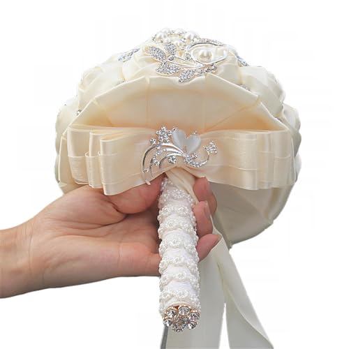 Wedding Bouquets Crystal Satin Rose Bride Bridal 7 Inch Bouquet Romantic Bridesmaid Holding Flower for Valentine's Day Confession Party Church (Creamy) - color: Creamy