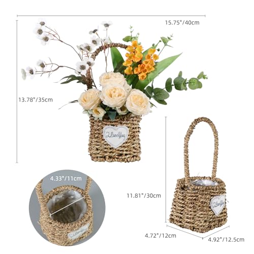 Artificial Flower Arrangement in Woven Basket with Heart Design, Wooden Woven Basket Mixed White Roses and Yellow Orchidsfor Home Decoration Dining Table Centerpiece