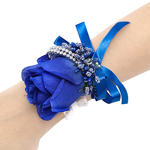 Wrist Corsage Boutonniere Set 6 PCS, Artificial Rose Bridesmaid Bride Corsage and Groom Men Boutonniere for Wedding Party Prom (Boutonniere Corsage- Royal Blue, 6 PCS) - color: Boutonniere Corsage- R Blue, size: 6 Packs